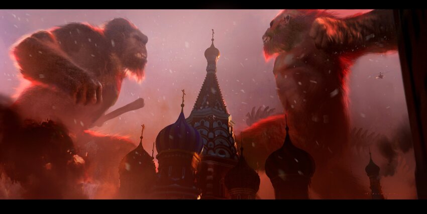 ape axe bald battle_axe beard blood bone_axe bone_weapon bone_whip church city concept_art crossover day dusk facial_hair fangs fighting fire godzilla_(series) godzilla_x_kong:_the_new_empire gorilla highres king_kong king_kong&#039;s_battle_axe king_kong_(series) legendary_pictures matt_allsopp monsterverse moscow no_humans official_art orangutan real_world_location ribs russia saint_basil&#039;s_cathedral skar_king smoke snow snowing spine st_basil&#039;s_cathedral storm teeth war_paint weapon whip whip_sword whipslash wind