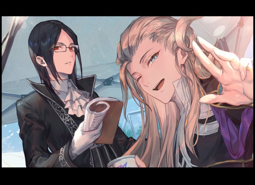 2boys ;o ascot azu-taro black-framed_eyewear black_hair black_jacket blonde_hair book collared_shirt commentary_request cup curly_hair expressionless fate/grand_order fate_(series) formal_clothes glasses gloves gold_trim green_eyes high_collar holding holding_book holding_cup jacket letterboxed long_hair long_sleeves looking_at_viewer male_focus medium_hair multiple_boys no_headwear one_eye_closed open_mouth parted_bangs parted_lips phantom_of_the_opera_(fate) red_eyes shirt smile suit teeth upper_body upper_teeth_only very_long_hair white_ascot white_gloves white_shirt wolfgang_amadeus_mozart_(fate)