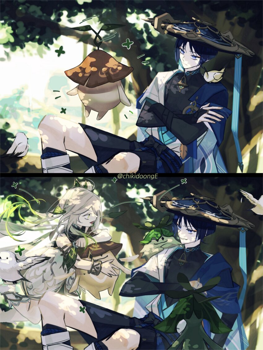 1boy 1girl absurdres animal animal_on_shoulder aranara_(genshin_impact) armlet armor belt bird bird_on_shoulder black_belt black_bodysuit black_border black_bow black_bridal_gauntlets black_leggings black_shorts blue_cape blue_eyes blue_hair blue_hat blue_kimono blue_rope blue_sash bodysuit border bow bracelet bridal_gauntlets cape chikidoong creature crossed_arms detached_sleeves dress eyeliner eyeshadow feathers finch fingernails fringe_trim genshin_impact gold gold_trim green_eyes green_hair green_sleeves hair_ornament half_crown_braid han&#039;eri hand_on_own_arm hat highres holding holding_creature in_tree japanese_armor japanese_clothes jewelry jingasa kimono kote kurokote layered_kimono leaf leaf_hair_ornament leg_warmers leggings long_hair looking_at_another looking_at_creature makeup mandarin_collar middle_ring multicolored_hair nahida_(genshin_impact) open_clothes open_hand open_kimono open_mouth outdoors pointy_ears purple_rope red_eyeliner red_eyeshadow rope sanpaku sash scaramouche_(genshin_impact) sequential short_sleeves shorts side_ponytail sidelocks sitting sitting_in_tree streaked_hair sweatdrop tree twitter_username vision_(genshin_impact) wanderer_(genshin_impact) white_dress white_footwear white_hair white_kimono white_leg_warmers white_mouth white_sleeves yellow_feathers