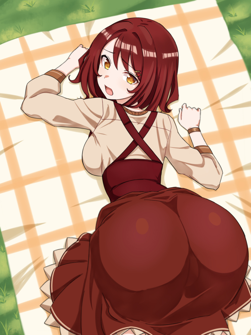 1girl all_fours ass ass_focus blush breasts cameltoe dress embarrassed from_above from_behind hair_ornament hairclip huge_ass large_breasts looking_at_viewer looking_back medium_hair open_mouth orange_eyes original sideboob solo top-down_bottom-up zatsu
