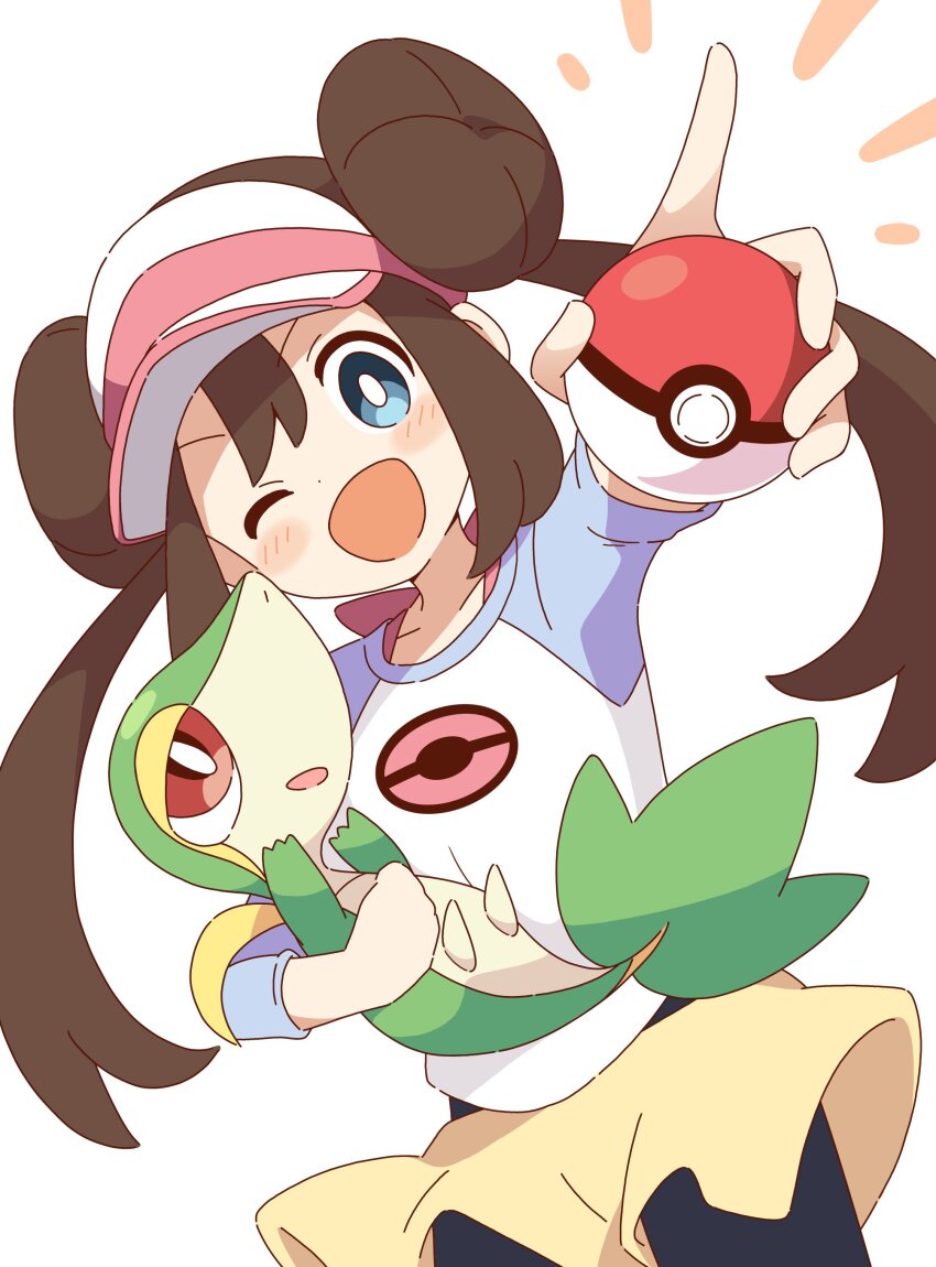 1girl ;d absurdres black_pantyhose blue_eyes blush brown_hair collarbone cowboy_shot donut_hair_bun dot_nose double_bun gen_5_pokemon hair_bun highres holding holding_poke_ball holding_pokemon long_hair looking_at_viewer nintendo one_eye_closed open_mouth pantyhose poke_ball pokemon pokemon_(creature) pokemon_bw2 rosa_(pokemon) shirt short_shorts shorts sidelocks simple_background smile snivy solo twintails visor_cap white_background white_shirt yellow_shorts zungurimukkuri_tarou