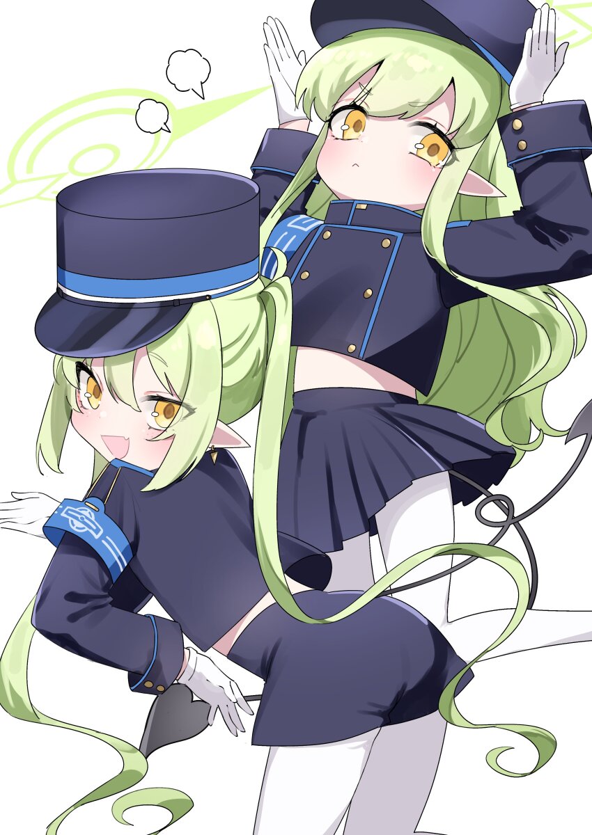 &gt;:( :d absurdres armband ass blue_archive closed_mouth gloves green_hair halo hands_on_own_head hat highres hikari_(blue_archive) midriff military_hat military_uniform nozomi_(blue_archive) open_mouth pantyhose pleated_skirt pointy_ears shorts simple_background skirt smile tail tamotsu_(mary) thighs v-shaped_eyebrows white_background yellow_eyes