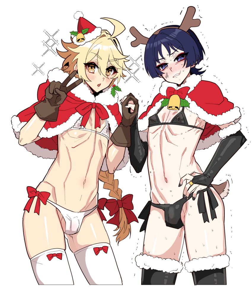 2boys aether_(genshin_impact) ahoge antlers bell bikini black_gloves black_hair blonde_hair blush bow bowtie braid brown_gloves bulge covered_erect_nipples cowboy_shot crossdressing crossdressing_(mtf) deer_tail dress fake_antlers fake_tail fingerless_gloves fur_trim genshin_impact gloves haoro hat highres holding_hands horns long_hair looking_at_viewer micro_bikini mistletoe multiple_boys neck_bell red_bow red_bowtie reindeer_antlers santa_costume santa_dress santa_hat scaramouche_(genshin_impact) shaking standing stomach sweat swimsuit tail thighhighs trap v wanderer_(genshin_impact) white_background white_thighhighs