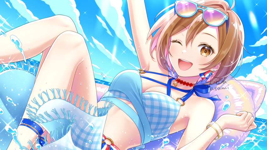 1girl arm_up aviator_sunglasses bikini blush bracelet brown_eyes brown_hair choker day earrings eyewear_on_head highres inflatable_toy jewelry kirita_asami knees_up looking_at_viewer meiko_(vocaloid) more_more_jump!_meiko o-ring o-ring_bikini ocean one_eye_closed open_mouth outdoors plaid_bikini plaid_clothes project_sekai short_hair smile solo sparkle sunglasses sunlight swimsuit tinted_eyewear vocaloid water