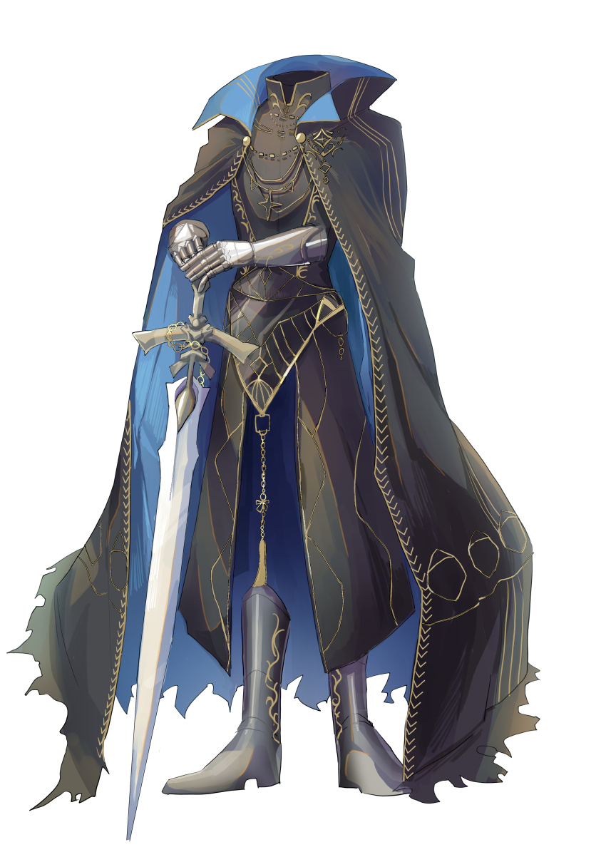 1boy a_knight_(reverse:1999) absurdres armor black_armor black_cape black_footwear black_shirt boots cape chain commentary_request disembodied_foot disembodied_hand gauntlets gold_chain headless highres holding holding_sword holding_weapon hoshimori539jp male_focus reverse:1999 shirt standing star_(symbol) sword weapon white_background