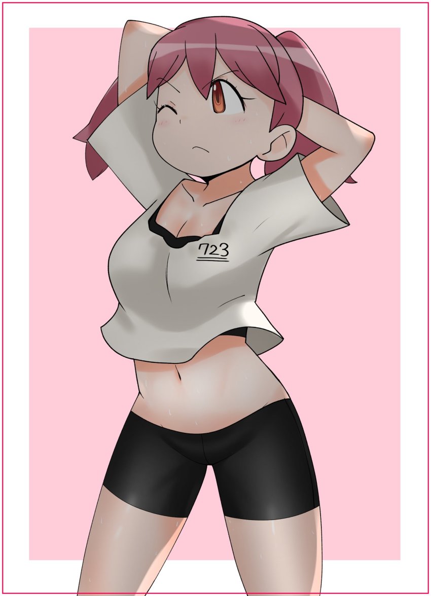 blouse cats_yone highres hinata_natsumi keroro_gunsou long_hair midriff navel pink_background red_eyes red_hair shirt simple_background solo twintails white_shirt