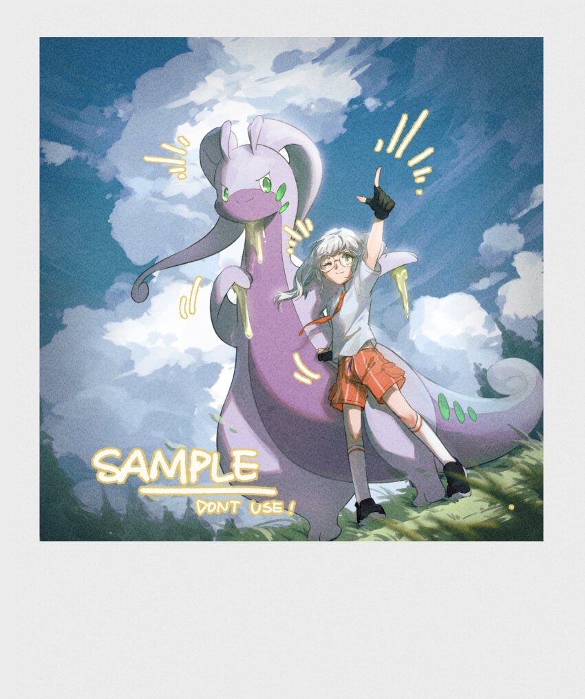 1girl antennae black_gloves black_shoes cloud cloudy_sky creatures_(company) fingerless_gloves full_body game_freak gen_6_pokemon gloves goodra green_eyes highres looking_at_viewer naranja_academy_school_uniform necktie nintendo one_eye_closed orange_necktie orange_shorts outdoors pokemon pokemon_(creature) pokemon_sv robinlovesop school_uniform shirt shoes shorts simple_background sky slime_(substance) slug socks standing striped_clothes striped_shorts white_background white_hair white_shirt white_socks yellow_eyes