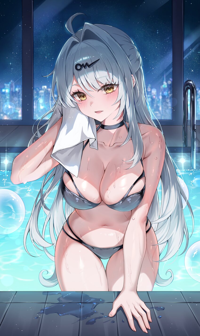 1girl absurdres ahoge alternate_costume bare_shoulders bikini black_bikini black_choker blue_hair blush breasts choker cleavage closed_mouth collarbone commentary_request hair_between_eyes halterneck highres holding holding_towel ien_(to_yen) indoors large_breasts long_hair looking_at_viewer navel night parted_lips pool solo stomach string_bikini swimsuit towel very_long_hair wet yellow_eyes yixuan_(zenless_zone_zero) zenless_zone_zero