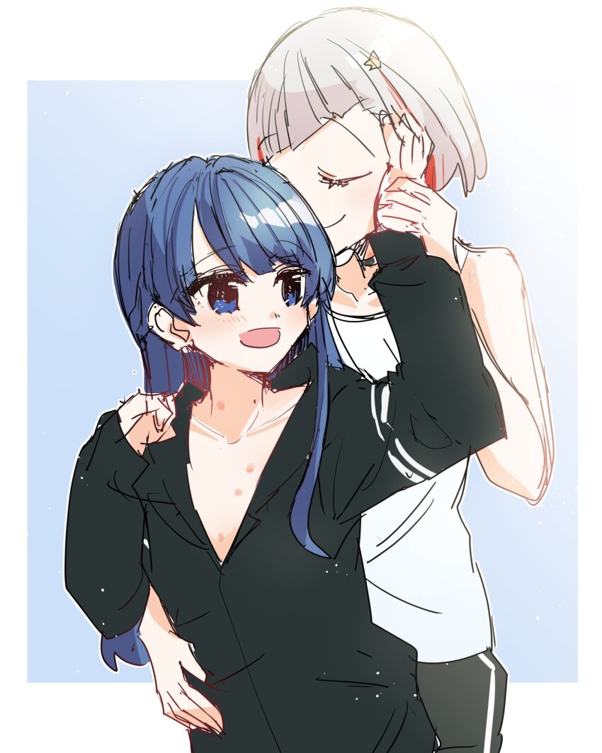 2girls :d black_jacket black_shorts blue_background blue_eyes blue_hair blush border borrowed_clothes braid closed_eyes collarbone commentary_request flat_chest hair_ornament half_up_braid half_updo hickey highres jacket kanduki_kamibukuro link!_like!_love_live! long_hair long_sleeves love_live! multicolored_hair multiple_girls murano_sayaka naked_jacket open_mouth outside_border red_hair short_hair shorts simple_background smile star_(symbol) star_hair_ornament streaked_hair tank_top u_u virtual_youtuber white_border white_tank_top yugiri_tsuzuri yugiri_tsuzuri_(summer_loungewear)
