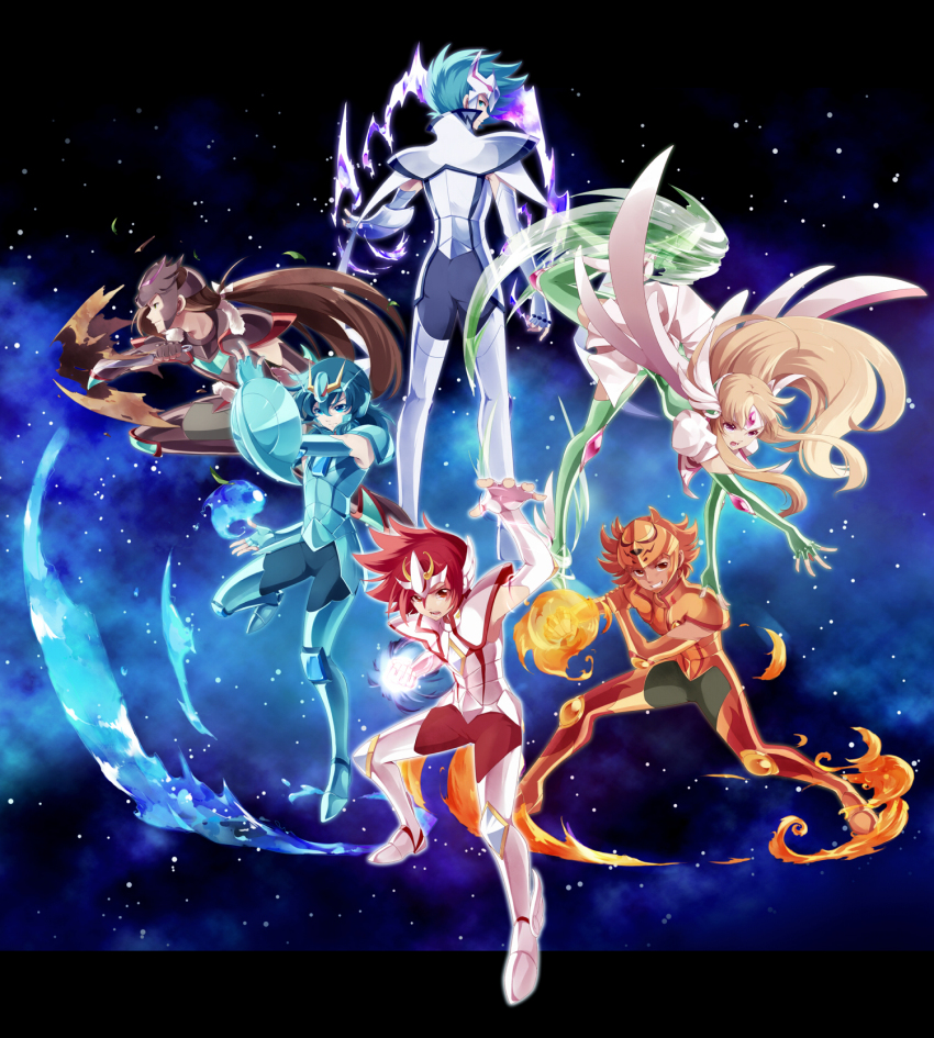 10s 1girl 4boys aquila_yuna armor blue_eyes blue_hair boots brown_hair dragon_ryuuhou fighting_stance fire green_boots green_eyes helmet highres kunai lionet_soma long_hair looking_back lupus_haruto multiple_boys orion_eden pegasus_koga red_hair saint_seiya saint_seiya_omega shield short_hair skirt smile sun_trial water weapon