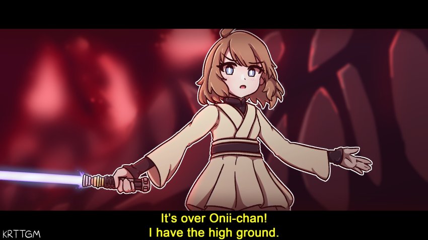 1girl blue_eyes brown_hair cosplay energy_sword english_text fake_screenshot female_focus high_ground_(meme) highres holding holding_weapon idolmaster idolmaster_million_live! kurotategami letterboxed lightsaber meme obi-wan_kenobi obi-wan_kenobi_(cosplay) parody robe scene_reference short_hair solo star_wars star_wars:_revenge_of_the_sith subtitled suou_momoko sword weapon