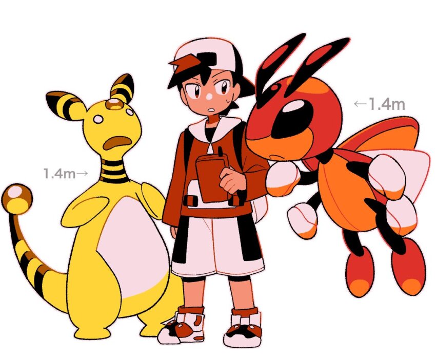 1boy ampharos arrow_(symbol) backwards_hat black_shirt commentary_request ethan_(pokemon) gen_2_pokemon hat height holding jacket ledian male_focus nintendo o_o pokedex pokemon pokemon_(creature) pokemon_gsc red_jacket red_socks shirt shoes shorts simple_background socks standing sweatdrop teeth tyako_089 white_background white_footwear white_shorts