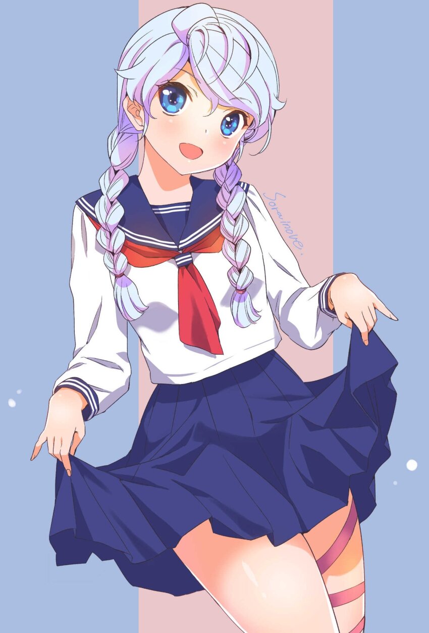 1girl blue_eyes blue_skirt blush boku_no_kanojo_wa_sasuga_desu. braid commentary_request highres inoue_sora leg_ribbon long_hair looking_at_viewer neckerchief open_mouth red_neckerchief ribbon sasuga_ayame school_uniform serafuku skirt skirt_hold smile solo twin_braids white_hair