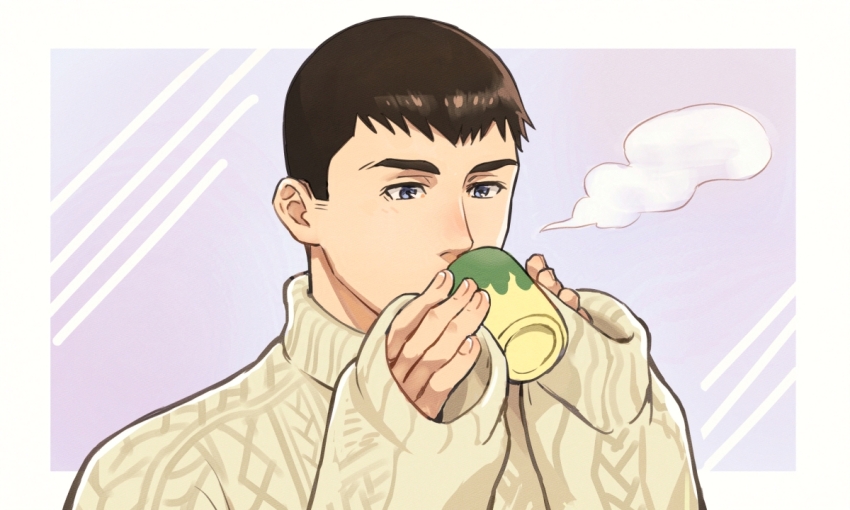 1boy brown_hair cup grey_eyes holding holding_cup long_sleeves male_focus pink_background ryuji_satake short_hair sleeves_past_wrists solo steam sweater umi_soruto upper_body yunomi yuuki_bakuhatsu_bang_bravern