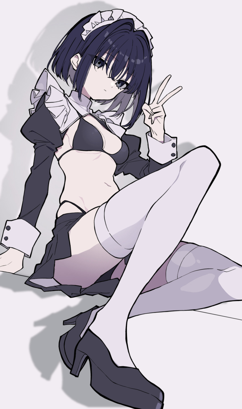1girl absurdres ass bikini bikini_under_clothes black_bikini black_eyes black_hair blackcatpancake highleg highleg_bikini highres kuonji_alice looking_at_viewer mahou_tsukai_no_yoru maid maid_headdress navel revealing_clothes solo stomach swimsuit thighhighs thighs v white_thighhighs