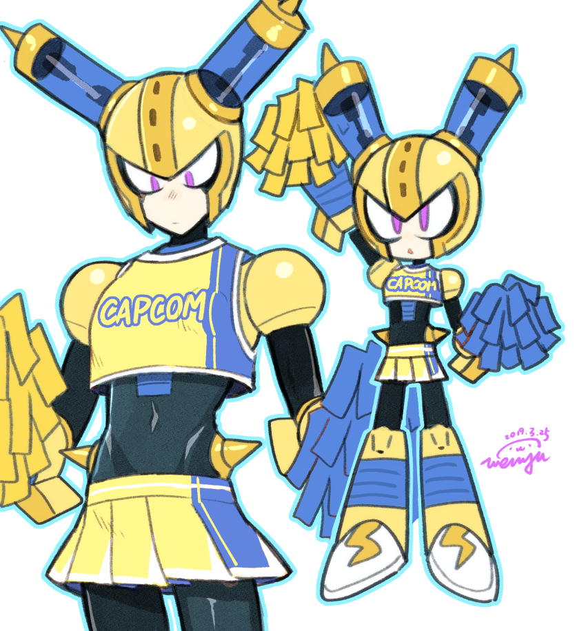 1boy android armor black_bodysuit bodysuit breastplate capcom cheering cheerleader chibi chibi_inset closed_mouth covered_navel cowboy_shot crop_top crossdressing full_body fuse fuse_man helmet highres joints logo looking_down male_focus mega_man_(classic) mega_man_(series) mega_man_11 parted_lips pom_pom_(cheerleading) purple_eyes robot robot_joints shirt shoulder_armor simple_background skirt sleeveless sleeveless_shirt standing vambraces wenyu white_background yellow_armor yellow_headwear yellow_shirt yellow_skirt