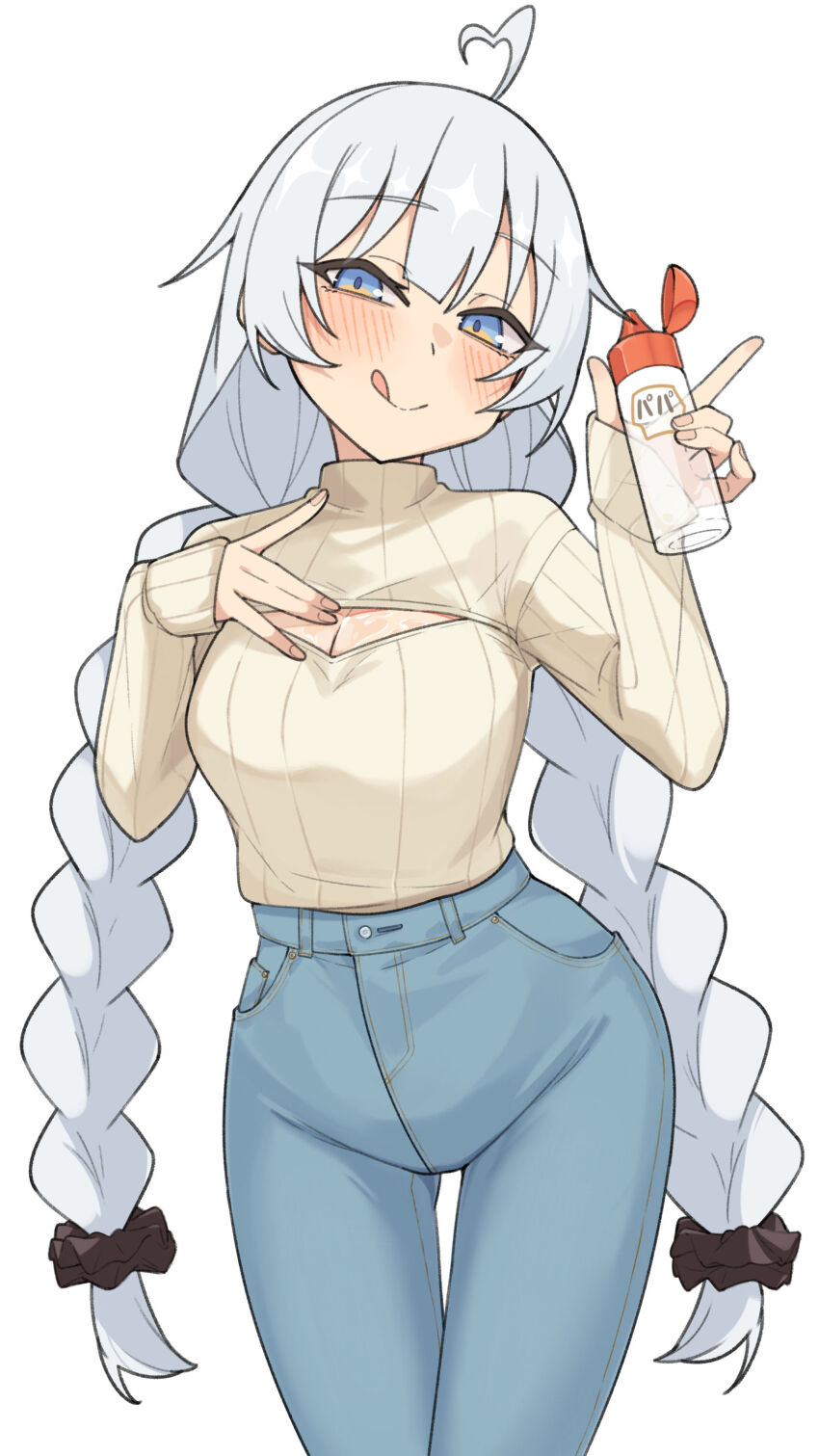 1girl absurdres ahoge blue_eyes braid breasts cleavage_cutout clothing_cutout denim gukr4322 heart heart_ahoge high-waist_pants highres jeans kizuna_akari large_breasts licking_lips long_hair lube naughty_face pants sleeves_past_wrists sweater tongue tongue_out turtleneck turtleneck_sweater twin_braids very_long_hair vocaloid voiceroid white_background