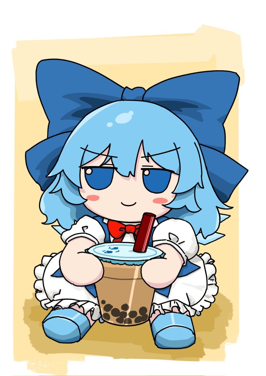 &gt;:) 1girl aqua_shoes blue_bow blue_eyes blue_vest blush_stickers border bow bowtie cirno closed_mouth cup dress drinking_straw food_request frilled_dress frills fumo_(doll) hair_bow highres holding holding_cup jitome koumakanbomb puffy_short_sleeves puffy_sleeves red_bow red_bowtie shoes short_sleeves solo touhou v-shaped_eyebrows vest white_border white_dress