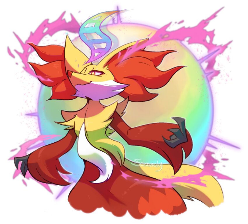 animal_ear_fluff animal_focus closed_mouth commentary delphox english_commentary gen_6_pokemon highres mega_evolution_symbol multicolored_fur nintendo no_humans pokemon pokemon_(creature) red_fur scandy simple_background smile snout tail white_background white_fur yellow_fur