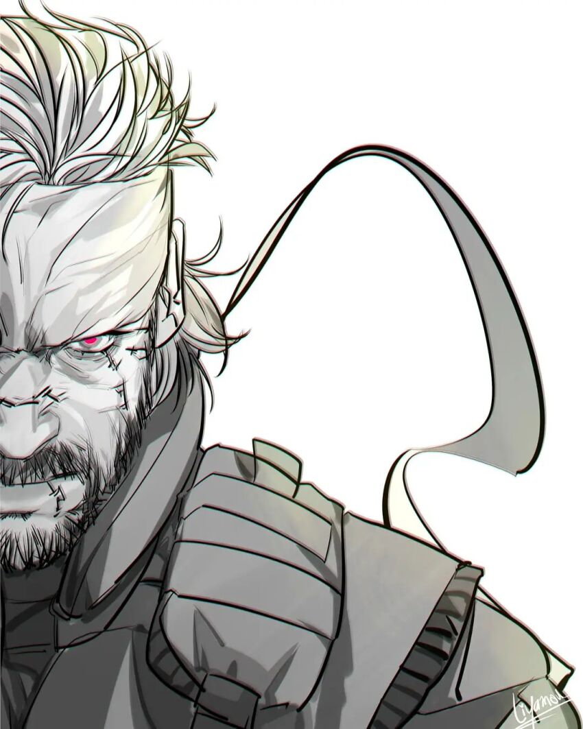 1boy beard facial_hair frown full_beard glowing glowing_eye greyscale headband highres liyamou looking_at_viewer male_focus mature_male metal_gear_(series) metal_gear_solid_v:_the_phantom_pain monochrome mustache portrait short_hair solo spot_color thick_mustache tsurime venom_snake