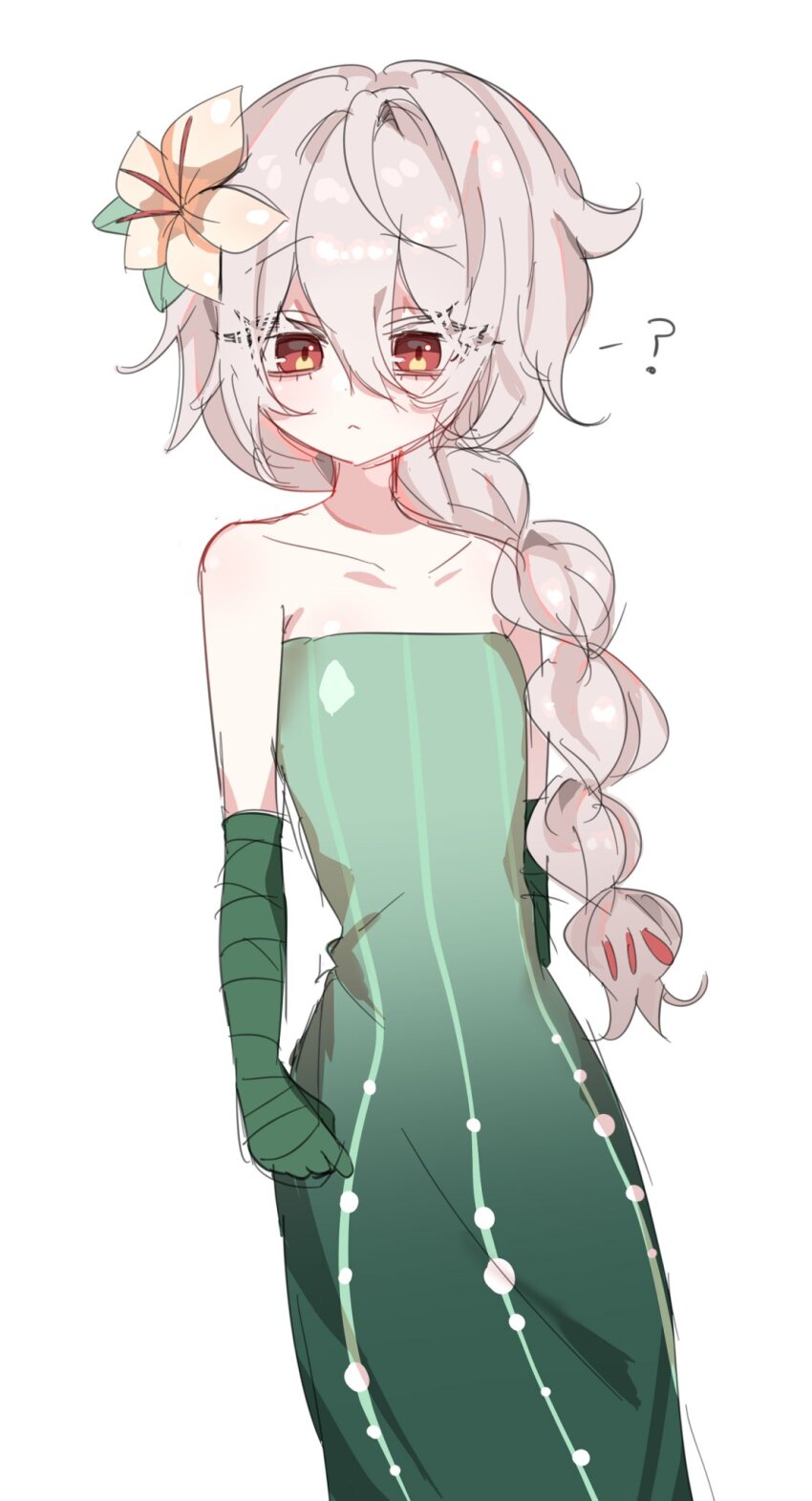 1girl braid closed_mouth cookie_run cookie_run:_kingdom crk_gyul dress flower gloves green_dress green_gloves hair_flower hair_ornament highres humanization lily_(flower) long_hair looking_at_viewer red_eyes simple_background solo very_long_hair white_background white_flower white_hair white_lily white_lily_cookie