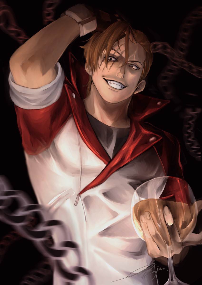 1boy ace_attorney arm_up black_background black_undershirt brown_gloves brown_hair chain commentary cup drinking_glass english_commentary evil_smile gloves hand_in_own_hair hand_up highres holding holding_cup jacket male_focus matt_engarde phoenix_wright:_ace_attorney_-_justice_for_all sano_(hospital_0434) scar scar_on_face short_hair signature simple_background smile solo spoilers teeth upper_body white_jacket