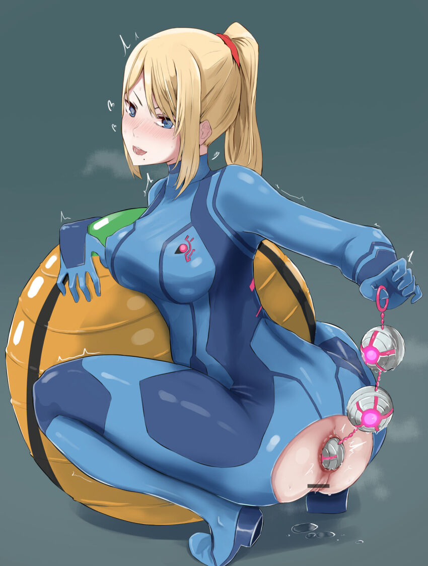 anal anal_beads anal_object_insertion ball blonde_hair blue_eyes bodysuit highres metroid nintendo object_insertion ponytail pussy samus_aran sex_toy squatting torn_bodysuit torn_clothes yilan_un