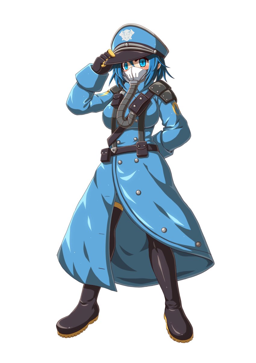 1girl absurdres black_boots black_gloves blu_pyro_(tf2) blue_bodysuit blue_coat blue_eyes blue_hair bodysuit boots breasts coat commissar_(warhammer_40k) commissar_cap commission death_korps_of_krieg emperpep full_body genderswap genderswap_(otf) gloves highres large_breasts long_sleeves mask military military_uniform pyro_(tf2) respirator second-party_source short_hair simple_background solo standing team_fortress_2 thigh_boots warhammer_40k white_background