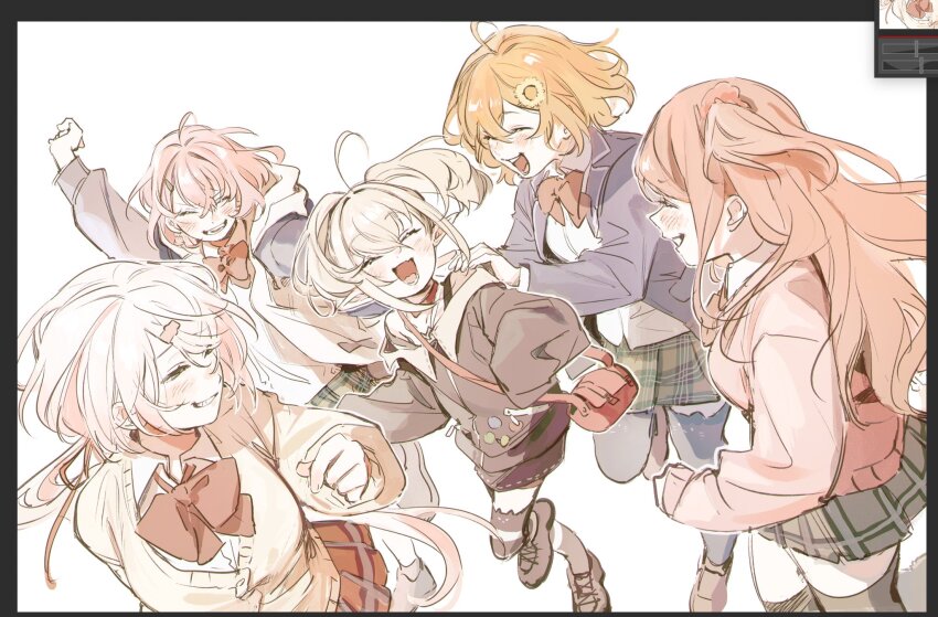 5girls akabane_youko bag bow bowtie highres honma_himawari hood hoodie jump_(ah0029) laughing makaino_ririmu multiple_girls nijisanji pointy_ears sasaki_saku school_uniform shiina_yuika thighhighs virtual_youtuber walking white_background