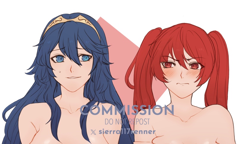 2girls bare_shoulders blue_eyes blue_hair blush brand_of_the_exalt breasts closed_mouth collarbone commentary commission english_commentary fire_emblem fire_emblem_awakening hair_between_eyes highres long_hair lucina_(fire_emblem) multiple_girls nintendo nude out-of-frame_censoring parted_lips red_eyes red_hair severa_(fire_emblem) sierra117renner sweatdrop symbol_in_eye tiara topless_female topless_frame twintails upper_body white_background yuri