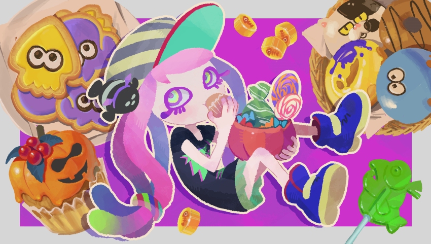 1boy 1girl absurdres ankle_boots aqua_bow bare_arms bare_legs baseball_cap basket berry black_eyes black_fish black_hat black_shirt black_sleeves blue_footwear boots border bow bucket candy cat character-themed_food character_cookie clownfish coin colored_eyelashes colored_sclera colored_tips commentary_request cookie cupcake diagonal-striped_clothes diagonal-striped_headwear donut drop_shadow eating eyelashes fish food full_body gold_coin green_eyes green_skirt hairband halloween halloween_bucket harmony&#039;s_clownfish_(splatoon) harmony_(splatoon) hat highres holding holding_bucket holding_food inkling inoue_seita jellyfish_(splatoon) judd_(splatoon) light_blush lollipop long_shirt looking_at_another lowered_eyelids miniskirt multicolored_hair multicolored_hat nintendo no_eyebrows no_lineart octoling official_art open_mouth outside_border pale_skin pink_hair pleated_skirt print_shirt purple_background purple_pupils salmonid sea_anemone second-party_source shirt shoe_soles short_sleeves sideways_hat simple_background skinny skirt slit_pupils solo_focus splatoon_(series) splatoon_3 striped_clothes striped_headwear t-shirt tentacle_hair thick_eyelashes tropical_fish two-tone_fur two-tone_hair white_border white_cat white_tail wrapped_candy yellow_hat yellow_sclera