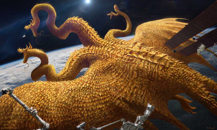 1boy absurdres aerial_battle alien arvalis astronaut battle claws cloud commentary crossover dragon dragon_horns dragon_wings earth_(planet) english_commentary fangs fishbowl_helmet floating flying galaxy gen_1_pokemon giant giant_monster godzilla_(series) gold_skin helmet highres horns hydra international_space_station kaiju king king_ghidorah legendary_pokemon lens_flare logo mew_(pokemon) monster multiple_heads multiple_tails mythical_pokemon nasa nasa_logo nintendo no_humans open_mouth orbit planet pokemon pokemon_(creature) red_eyes scales science_fiction sharp_teeth sky solar_panel space space_helmet space_monster space_shuttle space_station spacecraft spaceplane spacesuit star_(sky) starry_sky sun tail teeth toho wings zero_gravity