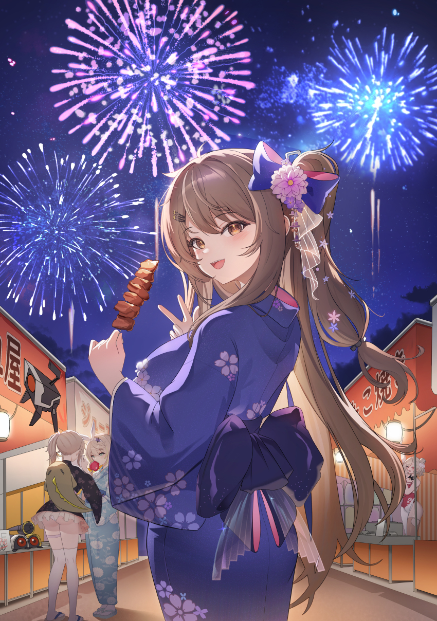 4girls absurdres aerial_fireworks ass b_grade banana_(girls&#039;_frontline) bare_shoulders black_thighhighs blonde_hair blue_eyes blush bow breasts brown_eyes brown_hair candy_apple cherry_blossom_print commentary_request dinergate_(girls&#039;_frontline) dress fireworks floral_print flower food from_behind girls&#039;_frontline girls&#039;_frontline_2:_exilium hair_between_eyes hair_bow hair_bun hair_flower hair_ornament hairband hairclip hand_up hands_up highres holding holding_candy_apple holding_food holding_paper holding_skewer japanese_clothes k2_(girls&#039;_frontline) kimono kimono_skirt lantern long_hair long_sleeves looking_at_viewer market_stall mr._pizza_(girls&#039;_frontline_2) multiple_girls night night_sky obi one_side_up open_mouth outdoors paper partial_commentary pleated_skirt print_kimono red_dress red_eyes sabrina_(girls&#039;_frontline_2) sandals sash sharkry_(girls&#039;_frontline_2) short_hair short_kimono skewer skirt sky smile spas-12_(girls&#039;_frontline) standing star_(sky) starry_sky thigh_strap thighhighs thighs v vepley_(girls&#039;_frontline_2) very_long_hair white_hair white_hairband white_thighhighs wide_sleeves yoohee_(girls&#039;_frontline_2) yukata