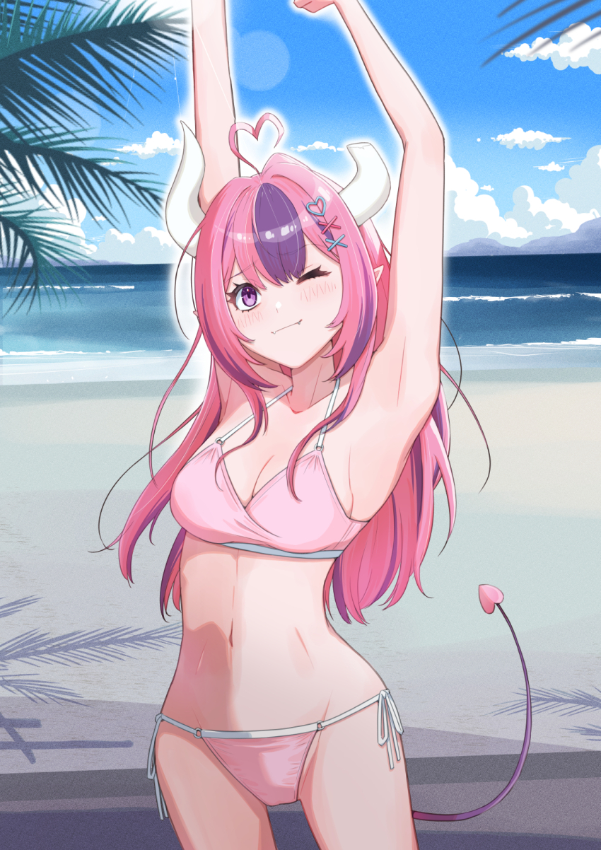 1girl ahoge asymmetrical_horns beach bikini blue_sky blush breasts closed_mouth cloud cloudy_sky collarbone day demon_horns demon_tail fangs hair_ornament hairclip heart heart_ahoge heart_hair_ornament highres horns ironmouse long_hair multicolored_hair navel ocean one_eye_closed outdoors palm_tree pink_bikini pink_eyes pink_hair pink_tail purple_hair sand side-tie_bikini_bottom sky smile solo stomach streaked_hair swimsuit tail thighs tree two-tone_hair user_ckjz8743 virtual_youtuber vshojo white_horns