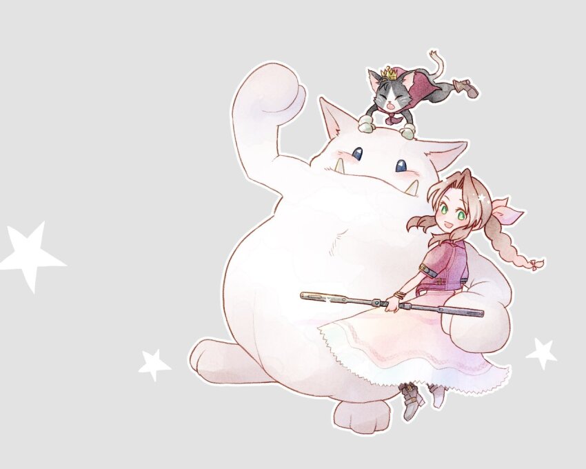 1girl aerith_gainsborough bluelimbo8888 boots braid braided_ponytail brown_footwear brown_hair cait_sith_(final_fantasy) cape cat cropped_jacket crown dress fangs fangs_out final_fantasy final_fantasy_vii final_fantasy_vii_rebirth final_fantasy_vii_remake full_body gloves green_eyes grey_background hair_ribbon holding holding_staff jacket long_dress long_hair mini_crown moogle open_mouth parted_bangs pink_dress pink_ribbon red_cape red_jacket ribbon sidelocks single_braid smile staff star_(symbol) two-tone_fur white_gloves