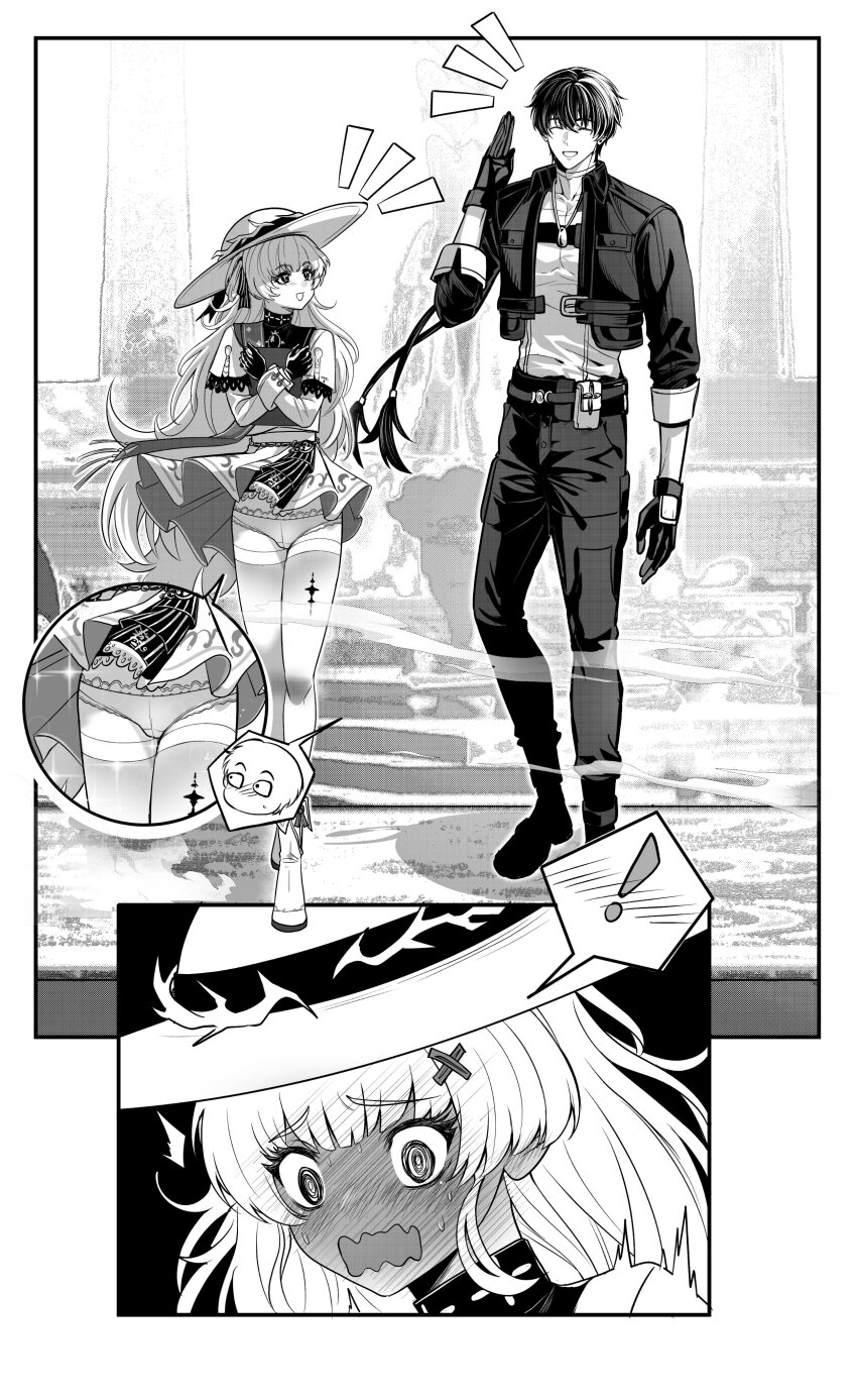 ! 1boy 1girl absurdres blush book closed_eyes clothes_lift collared_jacket commentary english_commentary greyscale hand_up hat highres holding holding_book jacket lace lace-trimmed_panties lace_trim long_hair looking_at_another male_rover_(wuthering_waves) monochrome open_mouth panties panties_under_pantyhose pants pantyhose phoebe_(wuthering_waves) rover_(wuthering_waves) shirt skirt skirt_lift smile spoken_blush spoken_exclamation_mark tacet_mark_(wuthering_waves) tuthanh63407224 underwear waving wind wind_lift wuthering_waves