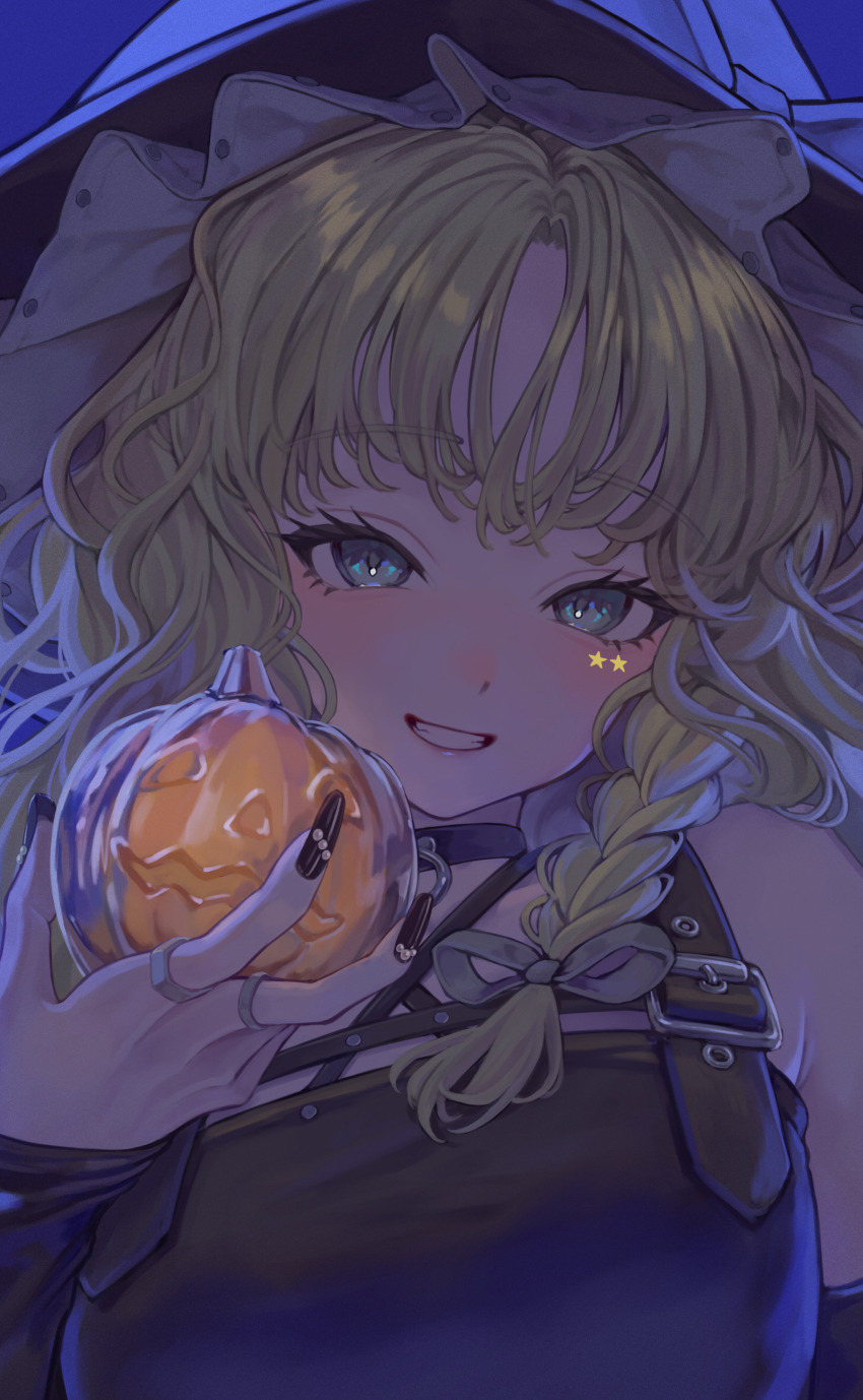 1girl absurdres alternate_costume armpit_crease black_choker black_hat black_nails black_shirt blonde_hair blush bow braid buckle choker detached_sleeves facepaint fingernails grin halloween_costume hat hat_bow highres jewelry kirisame_marisa long_fingernails looking_at_viewer nail_polish pumpkin ring shirt single_braid sleeveless sleeveless_shirt smile solo star_(symbol) suspenders torinari_(dtvisu) touhou upper_body white_bow witch_hat