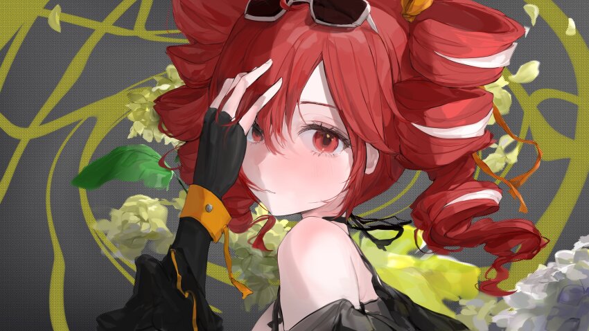 1girl absurdres alternate_costume armband armpit_crease black_background black_camisole black_gloves blush camisole chan1moon drill_hair eyewear_on_head fingerless_gloves flower from_side gloves green_background hair_between_eyes hair_ribbon hairband hashtag-only_commentary highres kasane_teto kasane_teto_(sv) looking_at_viewer orange_hairband parted_lips plant red_eyes red_hair ribbon solo synthesizer_v twin_drills utau white_ribbon yellow_flower