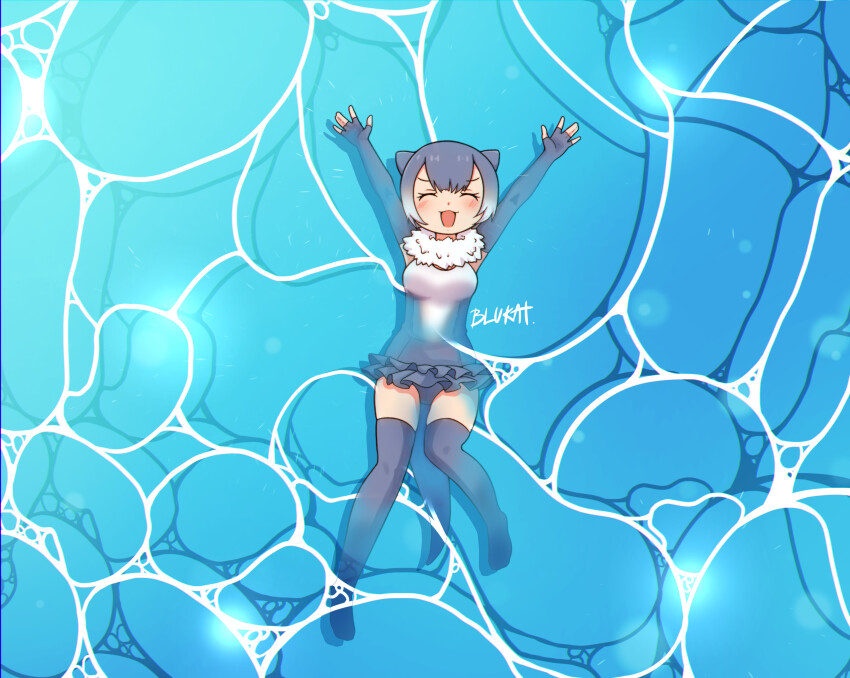 1girl ^_^ absurdres animal_ears blukat_art blush breasts cameltoe closed_eyes elbow_gloves fingerless_gloves frilled_one-piece_swimsuit frills from_above fur_collar gloves gradient_hair grey_gloves grey_hair grey_one-piece_swimsuit grey_thighhighs highres kemono_friends medium_breasts multicolored_hair one-piece_swimsuit open_mouth otter_ears otter_tail outstretched_arms partially_submerged short_hair signature small-clawed_otter_(kemono_friends) solo swimming swimsuit tail thighhighs translation_request two-tone_hair water white_hair wide_shot
