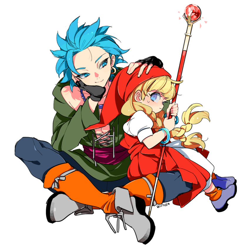 1boy 1girl aqua_leggings bead_necklace beads black_gloves blonde_hair blue_eyes blue_hair blunt_bangs bracelet braid camus_(dq11) dated dragon_quest dragon_quest_xi dress earrings fingerless_gloves gloves gold_earrings green_tunic grey_footwear hat headpat highres holding holding_staff hoop_earrings indian_style jewelry kinako_(marubotan) looking_at_another looking_to_the_side low_twin_braids mage_staff necklace profile puffy_short_sleeves puffy_sleeves red_dress red_hat shirt_under_dress short_sleeves sitting sitting_on_lap sitting_on_person smile spiked_hair staff sweatdrop tunic twin_braids veronica_(dq11) white_background