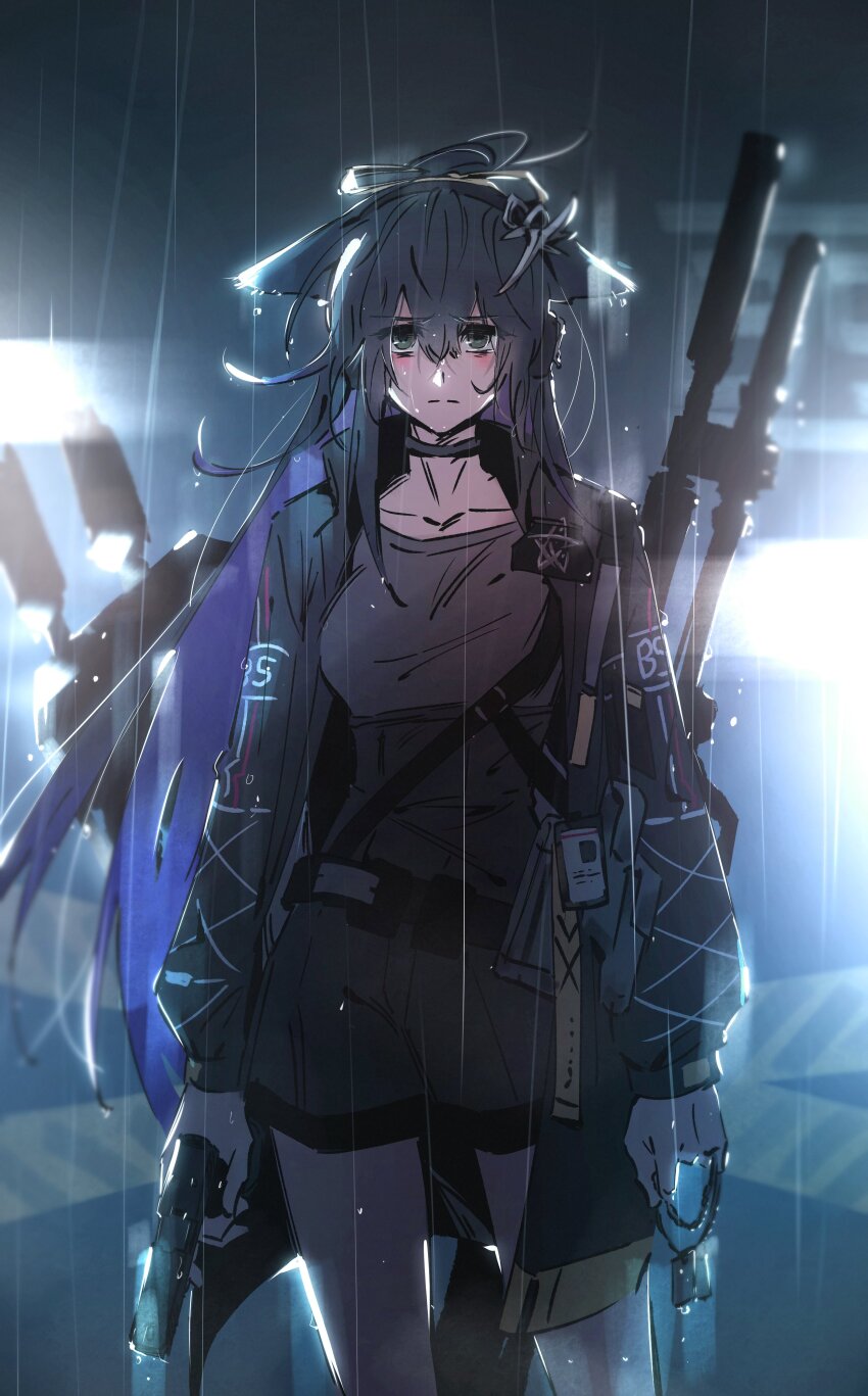 1girl absurdres ahoge animal_ears arknights backlighting bare_legs belt belt_buckle black_belt black_choker black_coat black_hair black_ribbon black_shorts black_sky bloom blurry blurry_background breasts buckle cat_ears cat_girl cat_tail caution_tape choker closed_mouth coat collarbone collared_coat colored_inner_hair commentary_request cowboy_shot depth_of_field doctahmem dog_tags film_grain frown green_eyes grey_shirt gun gun_on_back h&amp;k_usp hair_between_eyes hair_ornament hair_ribbon handgun headset high-waist_shorts high_collar high_ponytail highres holding holding_dog_tags holding_gun holding_weapon jessica_(arknights) jessica_the_liberated_(arknights) korean_commentary long_hair long_sleeves looking_at_viewer machine_gun medium_breasts multicolored_hair night official_alternate_costume open_clothes open_coat outdoors patch ponytail puffy_long_sleeves puffy_sleeves purple_hair rain red_eyes ribbon shirt shorts sky solo standing steam straight-on tactical_clothes tail turret two-tone_hair very_long_hair water_drop weapon weapon_on_back weapon_request wet wet_clothes wet_hair