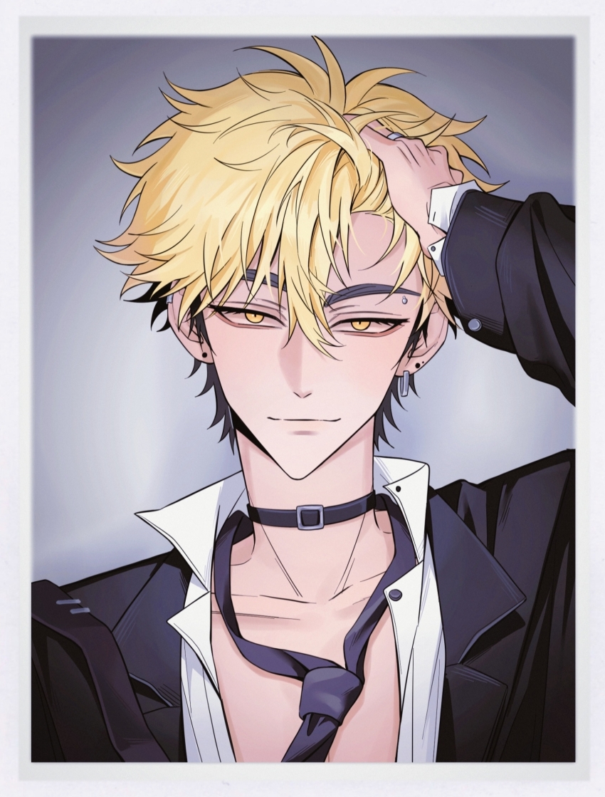 1boy alternate_costume arm_up black_choker black_hair black_jacket black_necktie blonde_hair border chinese_commentary choker closed_mouth collarbone collared_shirt ear_piercing earrings eyebrow_piercing eyelashes face_piercing formal_clothes fuqi164630 hair_between_eyes hand_in_own_hair hand_on_own_head hand_up highres jacket jewelry long_sleeves looking_at_viewer loose_necktie male_focus multicolored_hair necktie open_clothes outside_border piercing shiguang_dailiren shirt short_hair smile solo suit two-tone_hair upper_body white_border white_shirt xia_fei yellow_eyes