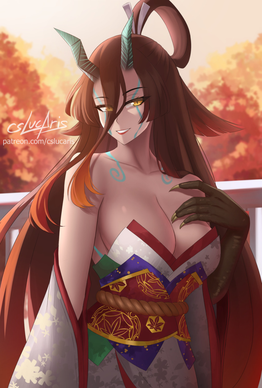 1girl autumn backlighting bare_shoulders breasts brown_hair claws cleavage collarbone cslucaris detached_sleeves fate/grand_order fate/requiem fate_(series) gradient_hair grin hair_between_eyes highres horns japanese_clothes kijo_kouyou_(fate) kijo_kouyou_(third_ascension)_(fate) kimono large_breasts long_hair looking_at_viewer multicolored_hair orange_hair orange_sky ponytail rope sash sky sleeveless sleeveless_kimono slit_pupils smile solo tree twilight very_long_hair white_kimono wide_sleeves yellow_eyes