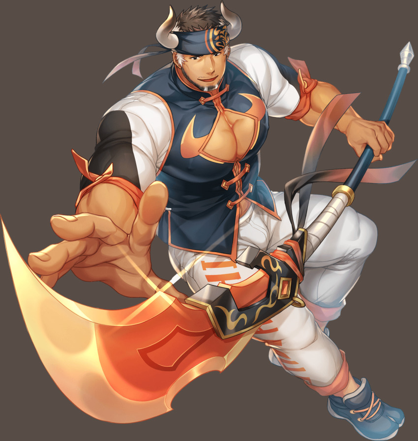1boy bad_perspective bara beard chinese_clothes cleavage_cutout clothing_cutout covered_erect_nipples facial_hair glaive_(polearm) gozu_farm gyee halberd headband highres horns logo looking_at_viewer male_focus manly muscular muscular_arms muscular_legs muscular_male official_alternate_costume official_art pants pectoral_cleavage pectorals polearm smile solo takashi_(gyee) thighs transparent_background weapon