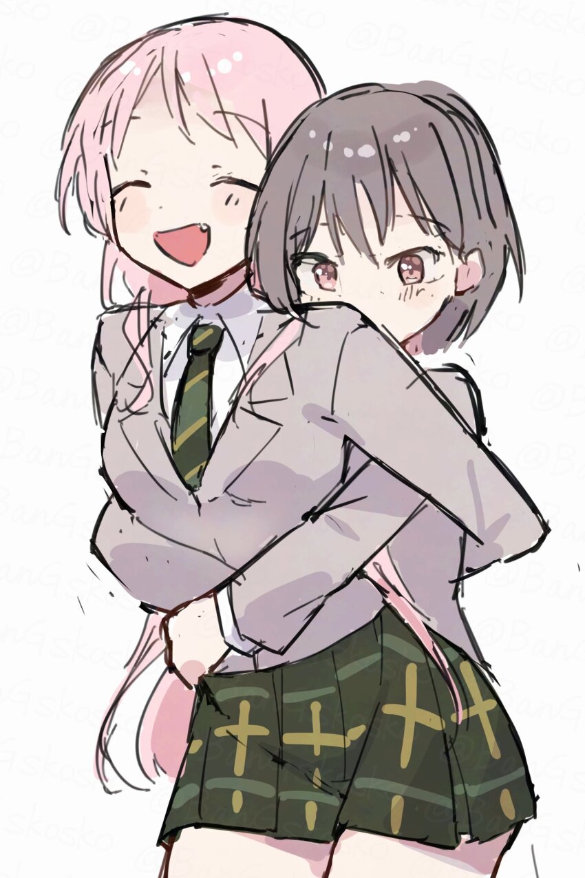 2girls absurdres bang_dream! bang_dream!_it&#039;s_mygo!!!!! brown_eyes chihaya_anon closed_eyes commentary diagonal-striped_clothes diagonal-striped_necktie fang green_necktie green_skirt grey_hair grey_jacket haneoka_school_uniform highres hug hug_from_behind jacket kio_(bangskosko) long_hair multiple_girls nagasaki_soyo necktie open_mouth pink_hair plaid_clothes plaid_skirt school_uniform short_hair simple_background skirt striped_clothes white_background yuri
