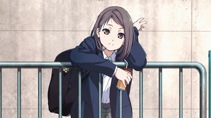 1girl 22/7 22/7_ongaku_no_jikan bag bendy_straw blue_jacket bow bowtie closed_mouth collared_shirt cup disposable_cup drink drinking_straw game_cg green_bow green_bowtie grey_eyes grey_hair highres hiiragi_tsubomi holding holding_drink horiguchi_yukiko jacket long_sleeves looking_at_viewer medium_hair non-web_source official_art outdoors plaid_clothes plaid_skirt pleated_skirt school_bag school_uniform shirt single_sidelock skirt solo upper_body white_shirt