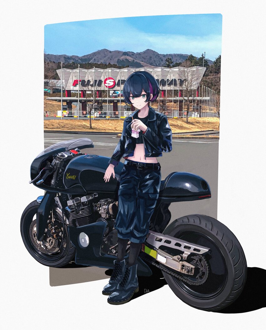 1girl absurdres belt black_belt black_footwear black_hair black_jacket black_pants blue_sky cigarette cigarette_pack colored_inner_hair commentary day dora_(dr3032) english_commentary full_body green_eyes hair_between_eyes highres holding holding_cigarette holding_cigarette_pack jacket long_sleeves looking_at_viewer midriff motor_vehicle motorcycle multicolored_hair navel open_clothes open_jacket original pants parking_lot photo_background purple_hair short_hair sky solo standing vehicle_focus yamaha yamaha_xjr400
