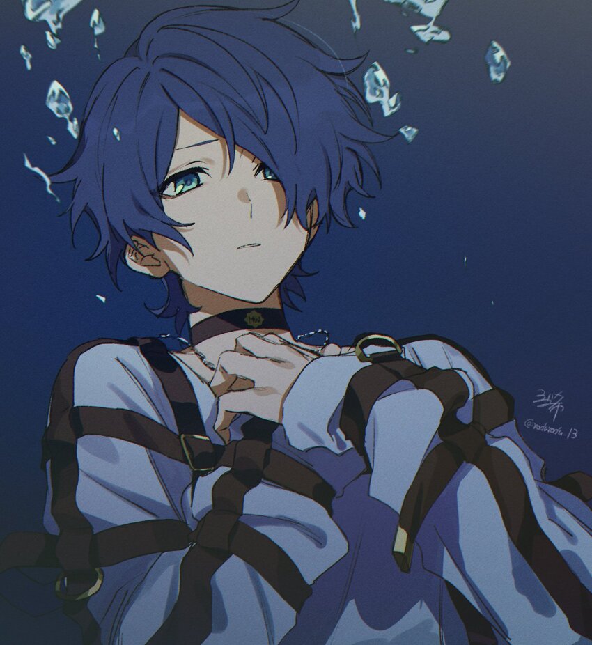 1boy aqua_eyes blue_hair brown_choker brown_garter_straps choker highres jacket long_sleeves looking_ahead male_focus milgram parted_lips rozu_ki sakurai_haruka_(milgram) short_hair signature solo straitjacket teeth twitter_username underwater white_jacket