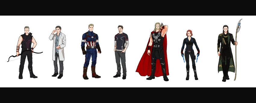 1girl 6+boys absurdres arm_up armor arrow_(projectile) avengers_(series) bare_shoulders beard belt black-framed_eyewear black_belt black_bodysuit black_border black_footwear black_gloves black_hair black_pants black_shirt black_widow blonde_hair blue_bodysuit blue_eyes blue_shirt bodysuit boots border bow_(weapon) brothers brown_belt brown_eyes brown_footwear brown_gloves brown_hair bruce_banner buttons cape captain_america clenched_hands clint_barton closed_mouth collared_shirt facial_hair fingerless_gloves full_body glasses gloves green_cape green_eyes grey_hair grey_pants gun hand_on_own_hip hand_up handgun hands_in_pockets hawkeye_(marvel) highres holding holding_bow_(weapon) holding_gun holding_scepter holding_weapon lapels layered_sleeves loki_(marvel) long_hair long_sleeves looking_at_viewer marvel marvel_cinematic_universe medium_hair mjolnir_(marvel) mochishio multiple_boys natasha_romanoff open_clothes open_robe pants plaid_clothes plaid_shirt pocket red_cape red_hair robe scepter shirt shoes short_hair short_over_long_sleeves short_sleeves siblings simple_background sleeveless sleeveless_shirt smile standing star_(symbol) steve_rogers superhero_costume the_avengers_(2012) thor_(marvel) tony_stark vertical-striped_bodysuit weapon white_background white_robe wristband