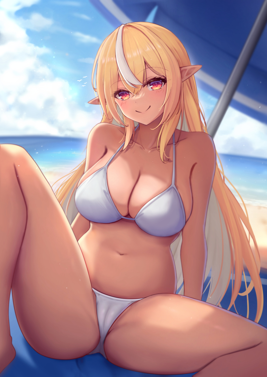 1girl absurdres arm_support beach beach_towel beach_umbrella bikini blonde_hair blush breasts cleavage cloud cloudy_sky dark-skinned_female dark_elf dark_skin day elf highres hololive hololive_fantasy horizon long_hair looking_at_viewer multicolored_hair navel nezumi_(09261377) ocean outdoors pointy_ears sand shade shiranui_flare shore sitting sky smile solo spread_legs stomach streaked_hair swimsuit towel umbrella virtual_youtuber water white_bikini
